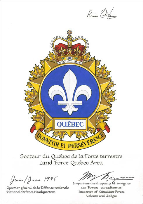 Letters patent approving the Badge of the Land Force Quebec Area