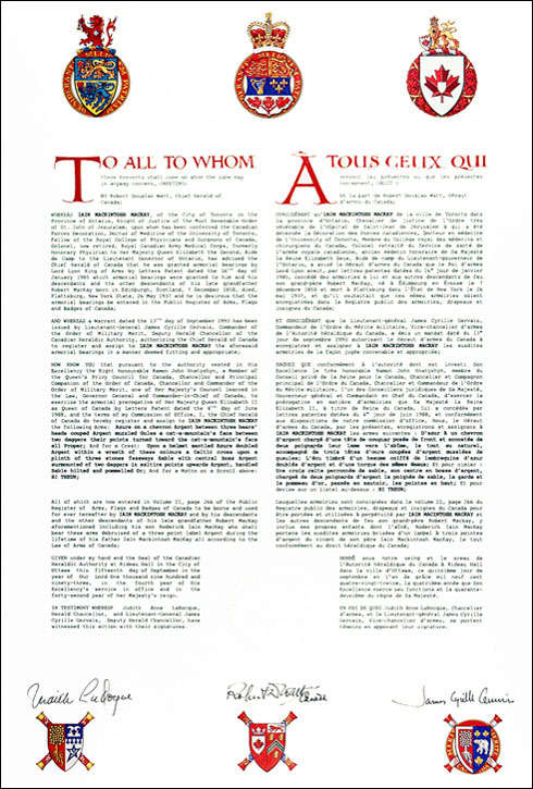 Letters patent registering the heraldic emblems of Iain Mackintosh MacKay