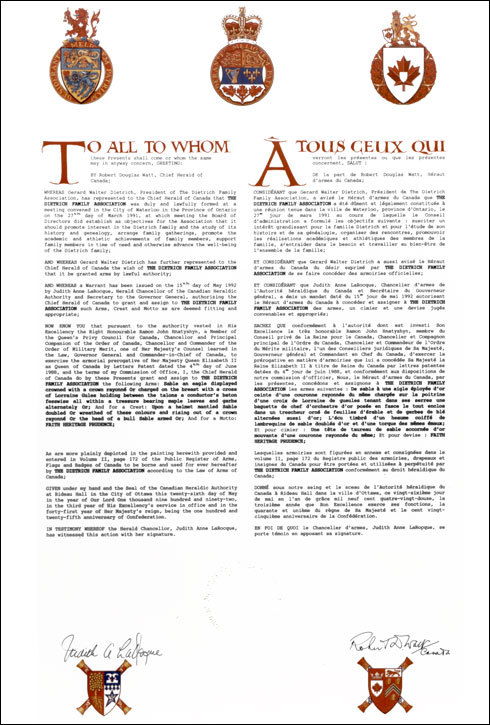 Lettres patentes concédant des emblèmes héraldiques à The Dietrich Family Association