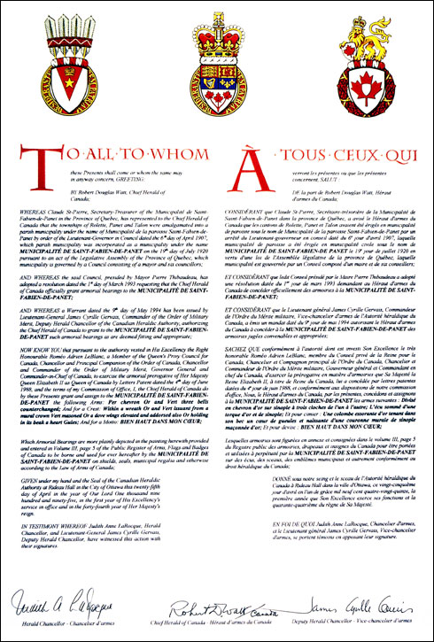 Letters patent granting heraldic emblems to the Municipalité de Saint-Fabien-de-Panet