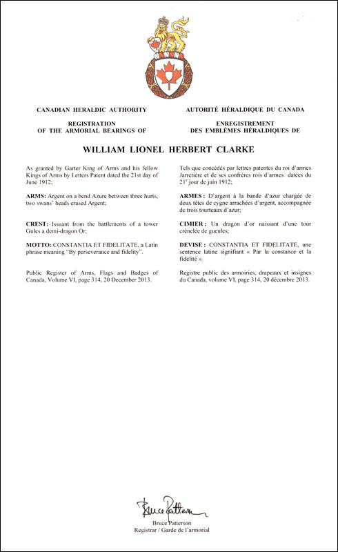 Letters patent registering the heraldic emblems of William Lionel Herbert Clarke