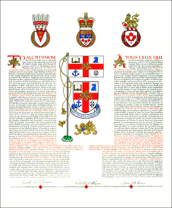 Letters patent granting heraldic emblems to the Parish of St. Mark