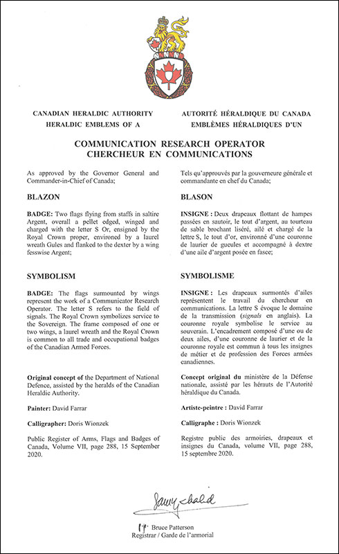 Letters patent approving the heraldic emblems of a Communication Research Operator of the Royal Canadian Air Force