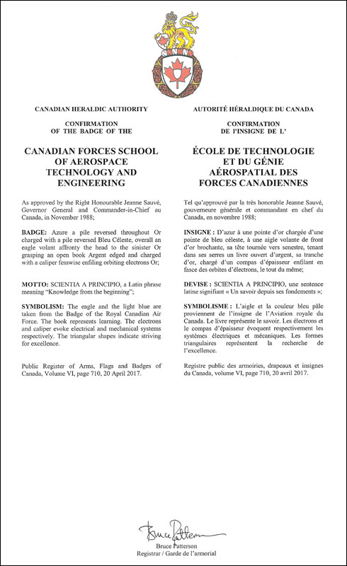 Letters patent confirming the Badge of the Canadian Forces School of Aerospace Technology and Engineering