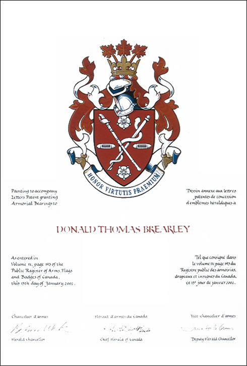 Letters patent granting heraldic emblems to Donald Thomas Brearley