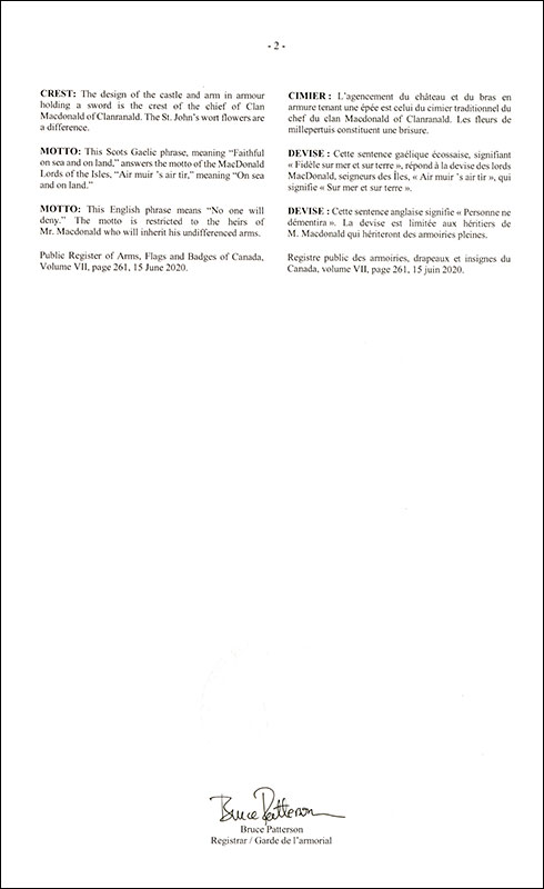Letters patent registering the heraldic emblems of Angus Lewis Macdonald
