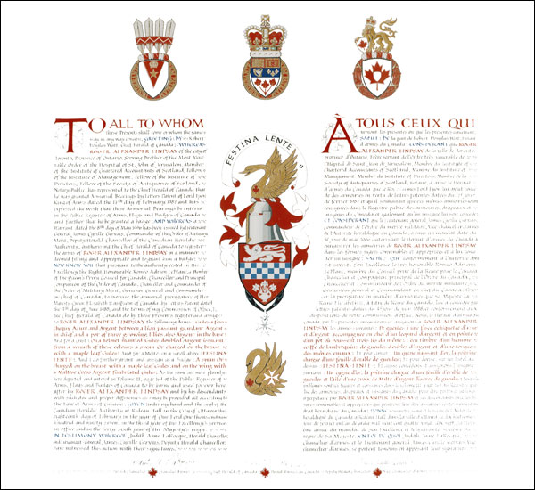 Letters patent registering the heraldic emblems of Roger Alexander Lindsay