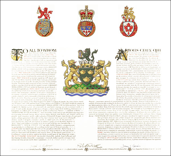 Letters patent granting heraldic emblems to Murchie's Tea and Coffee Ltd.