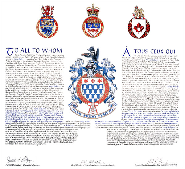 Letters patent granting heraldic emblems to Vera Roberts