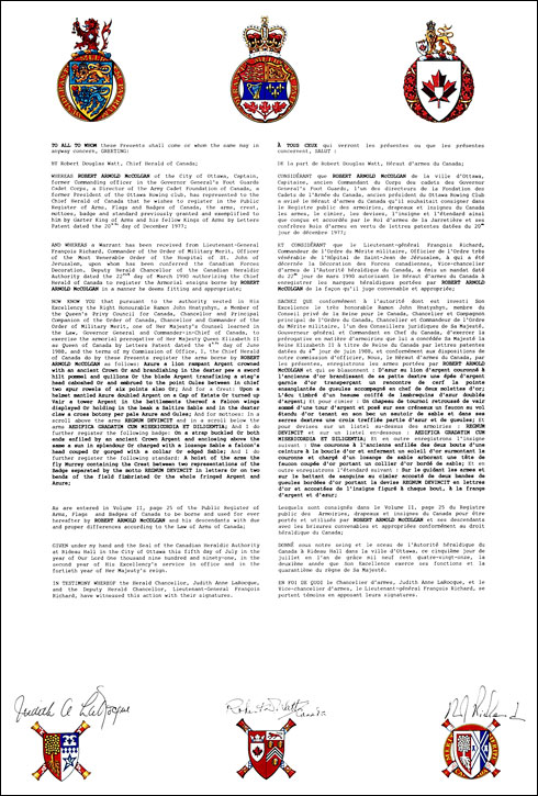 Letters patent registering the heraldic emblems of Robert Arnold McColgan