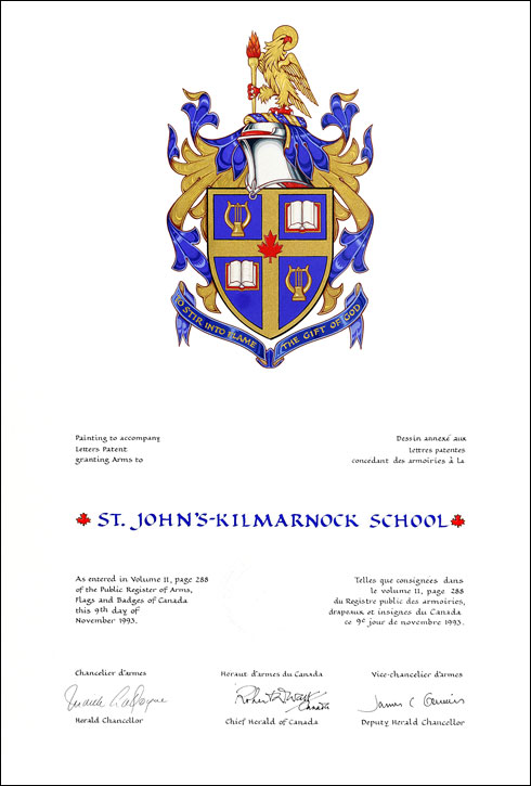Letters patent granting heraldic emblems to St. John's-Kilmarnock School