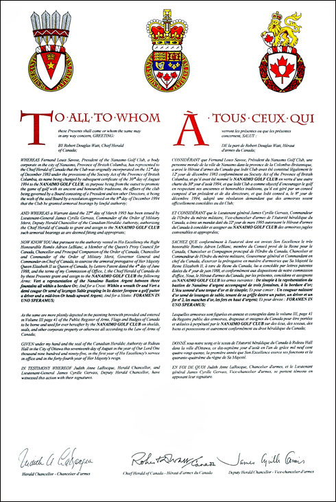 Letters patent granting Armorial Bearing to the Nanaimo Golf Club