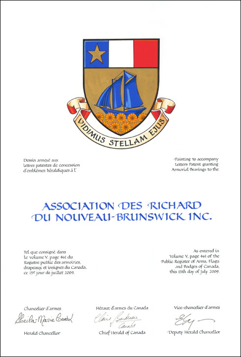 Letters patent granting heraldic emblems to the Association des Richard du Nouveau-Brunswick Inc.