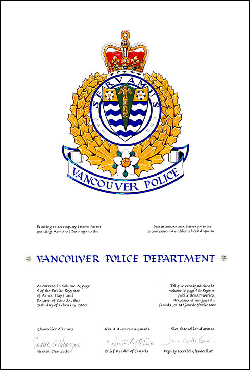 Letters patent granting heraldic emblems to the Vancouver Police Department