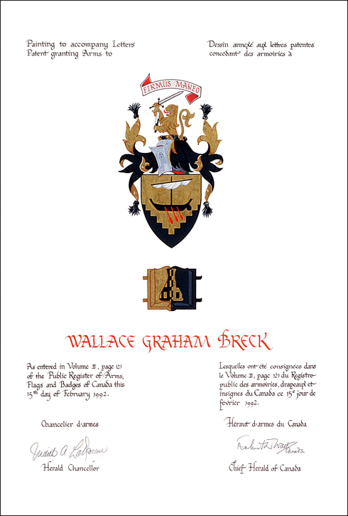 Letters patent granting heraldic emblems to Wallace Graham Breck