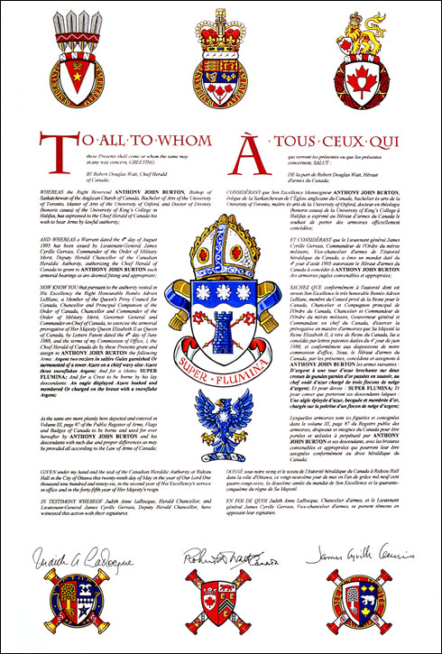 Letters patent granting heraldic emblems to Anthony John Burton