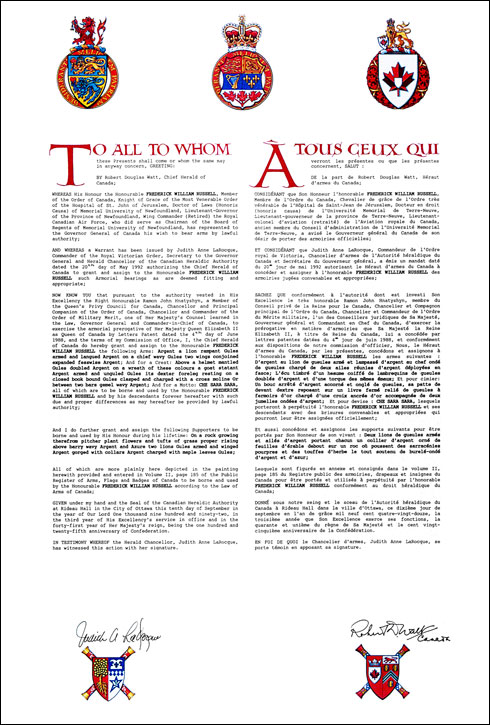 Letters patent granting heraldic emblems to Frederick William Russell