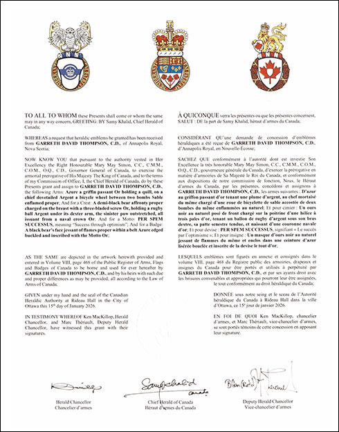 Lettres patentes concédant des emblèmes héraldiques à Garreth David Thompson