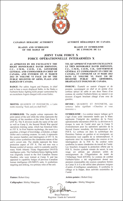 Letters patent approving the Badge of Joint Task Force X