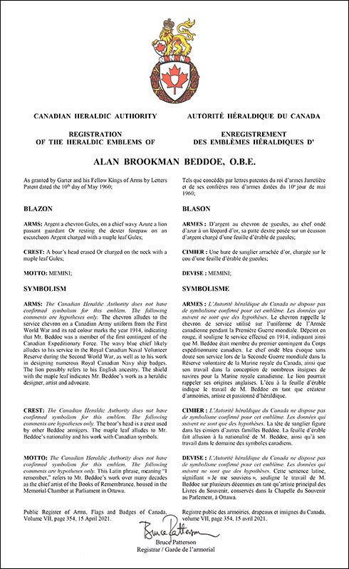 Lettres patentes enregistrant les emblèmes héraldiques d'Alan Brookman Beddoe
