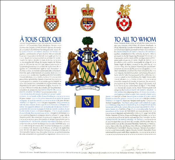 Letters patent granting heraldic emblems to the Municipalité de Sainte-Angèle-de-Mérici
