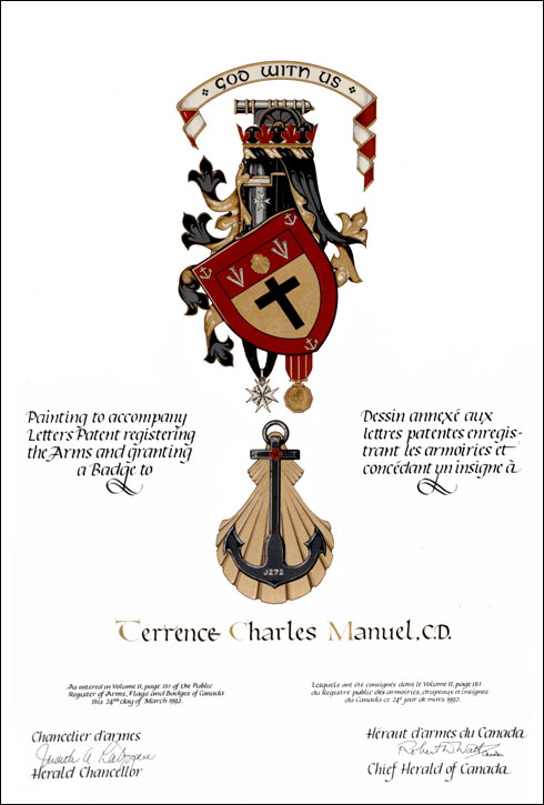 Letters patent registering the heraldic emblems of Terrence Charles Manuel