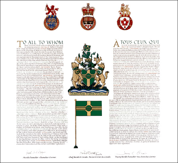 Letters patent granting heraldic emblems to the Corporation of the Township of Nakina