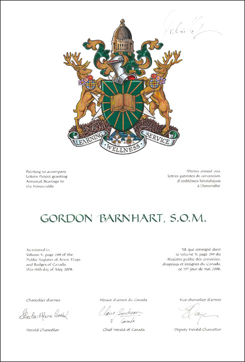 Letters patent granting heraldic emblems to Gordon Barnhart