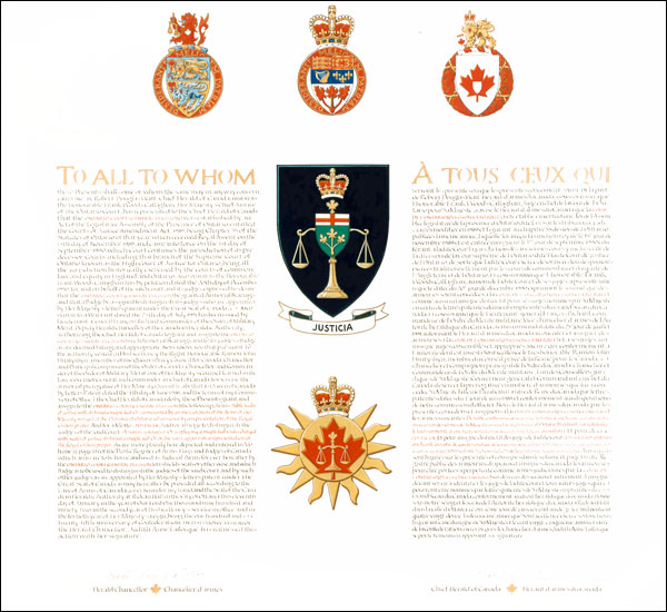 Letters patent granting heraldic emblems to the Ontario Court (General Division)