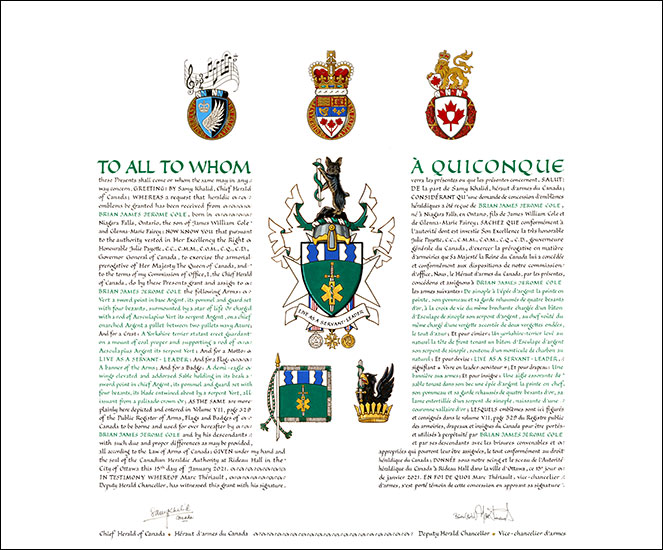 Letters patent granting heraldic emblems to Brian James Jerome Cole