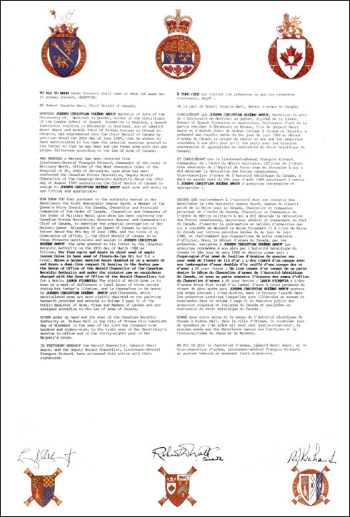 Letters patent granting Armoirial Bearings to Joseph Christian Eugène Amyot