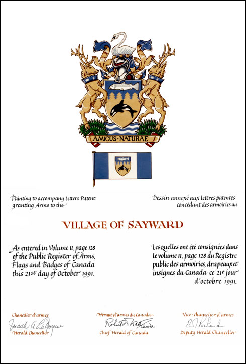 Letters patent granting heraldic emblems to the Village of Sayward