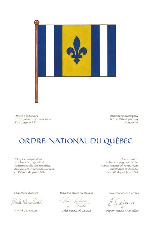 Letters patent granting a Flag to the Ordre national du Québec