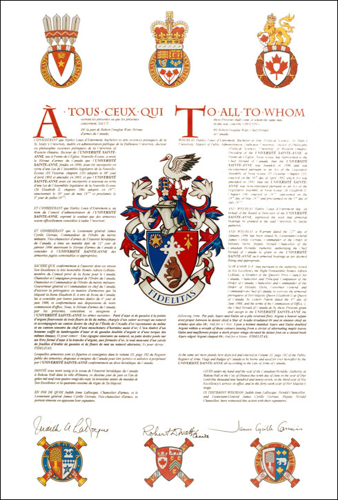 Letters patent granting heraldic emblems to the Université Sainte-Anne