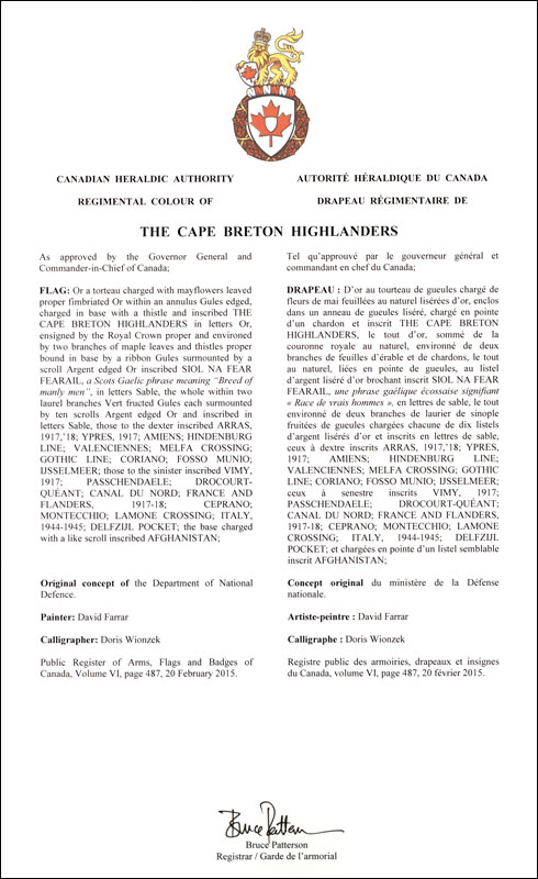 Letters patent approving the Regimental Colour of The Cape Breton Highlanders