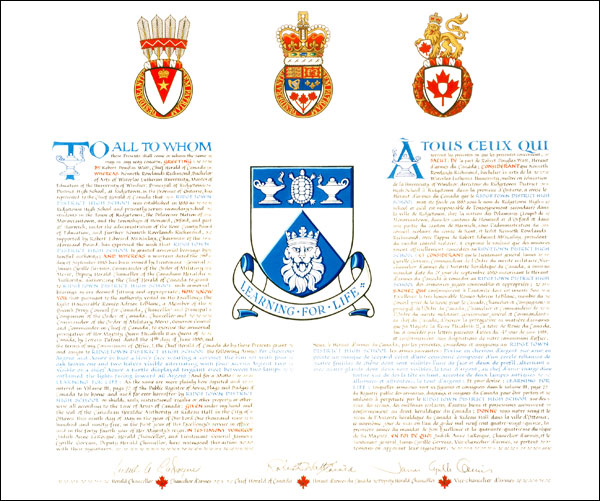 Letters patent granting heraldic emblems to Ridgetown District High School