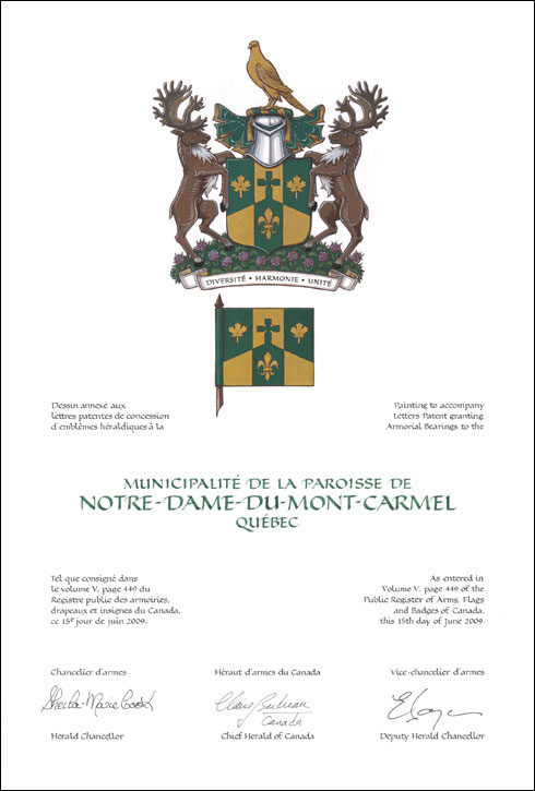 Letters patent granting heraldic emblems to the Municipalité de la paroisse de Notre-Dame-du-Mont-Carmel
