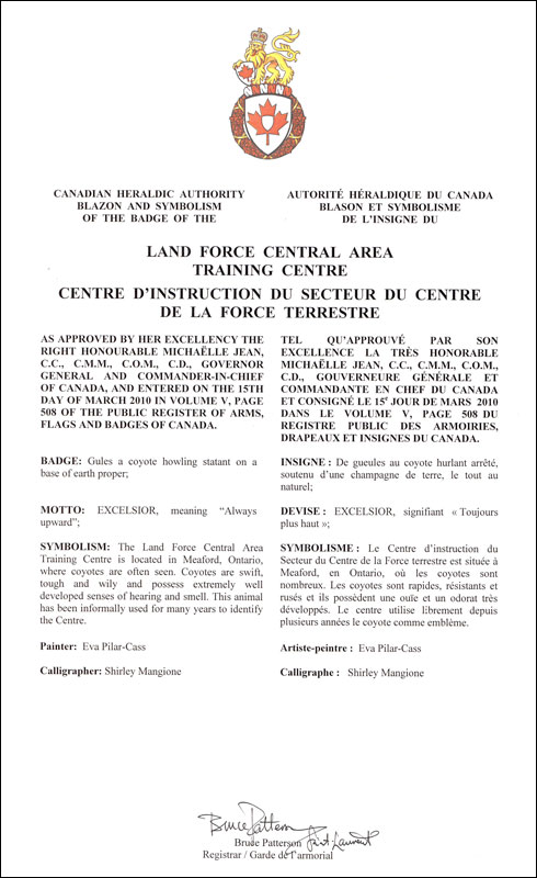 Letters patent approving the Badge of the Land Force Central Area Training Centre