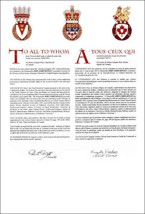 Letters patent granting heraldic emblems to John James Kinley