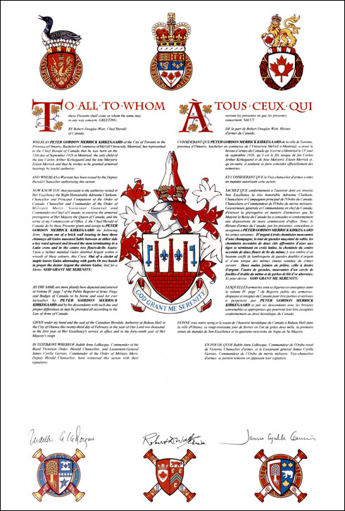 Letters patent granting heraldic emblems to Peter Gordon Merrick Kirkegaard