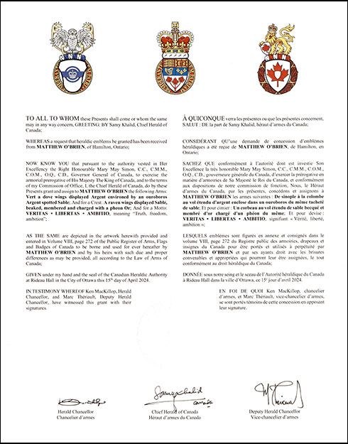Letters patent granting heraldic emblems to Matthew O’Brien