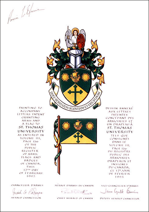 Letters patent granting heraldic emblems to St. Thomas University