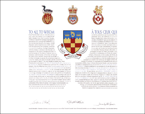 Letters patent granting heraldic emblems to All Saints' Anglican Church, Peterborough