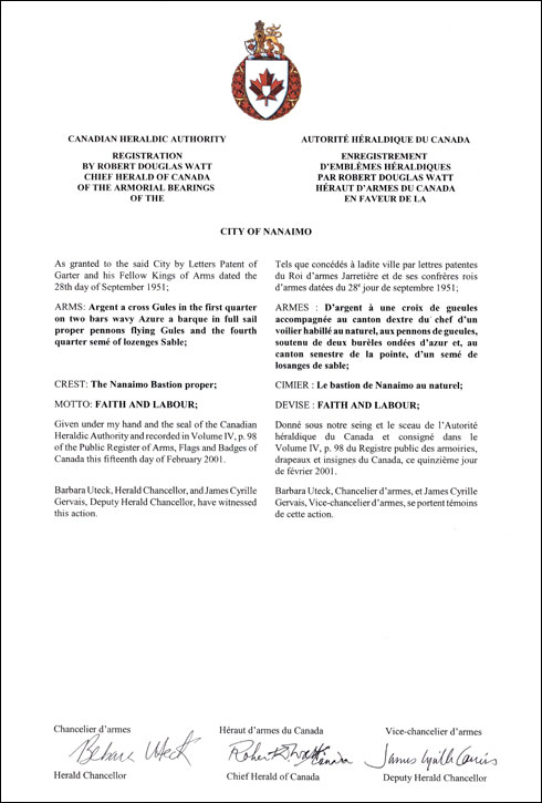 Letters patent registering the heraldic emblems of the City of Nanaimo