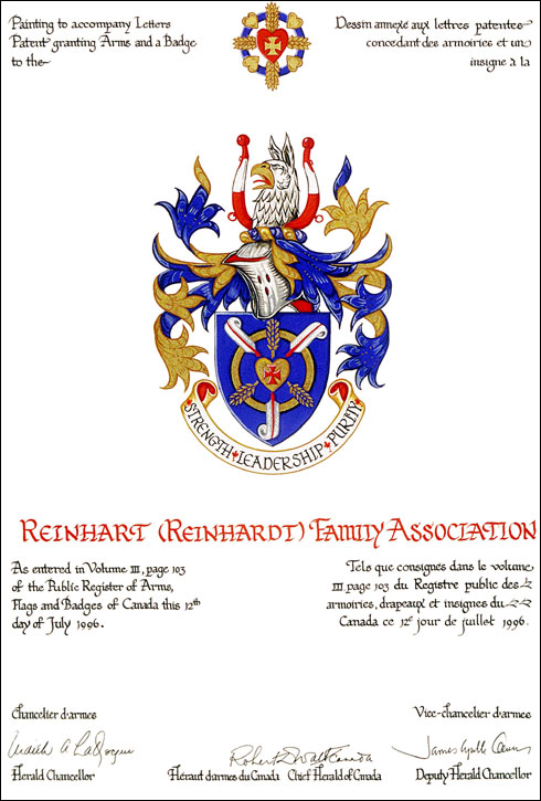 Letters patent granting heraldic emblems to the Reinhart (Reinhardt) Family Association