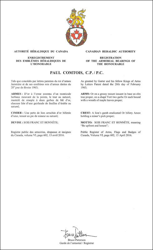 Letters patent registering the heraldic emblems of Paul Comtois