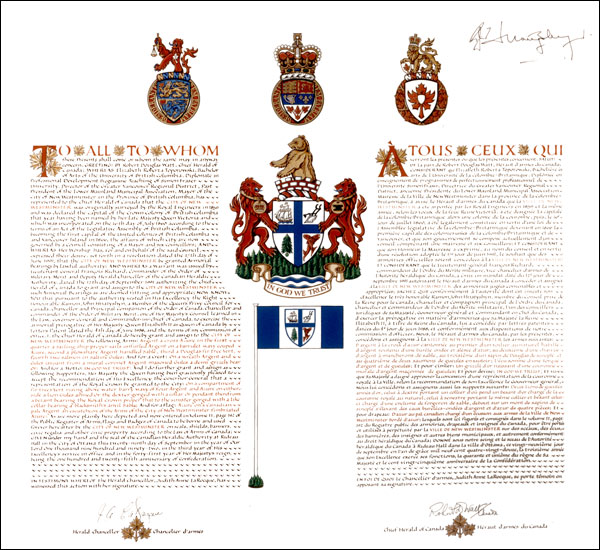 Letters patent granting heraldic emblems to the City of New Westminster