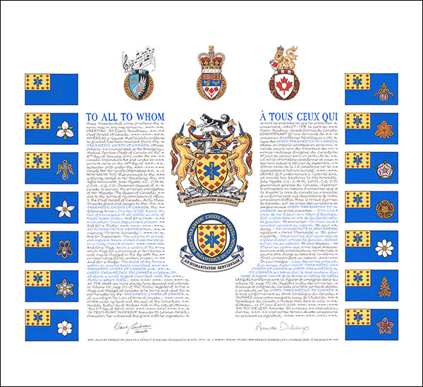 Letters patent granting heraldic emblems to the Paramedic Chiefs of Canada