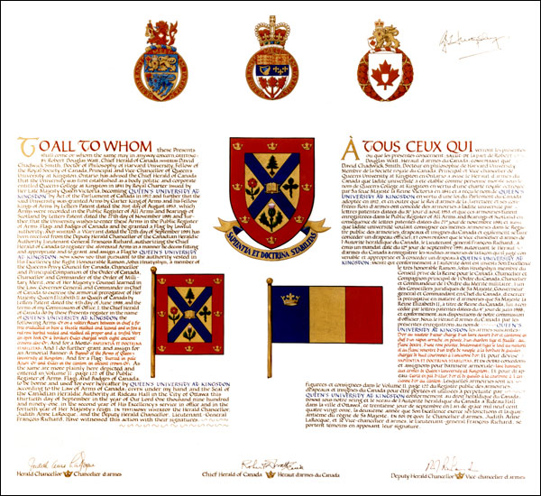 Letters patent registering the heraldic emblems of Queen's University at Kingston
