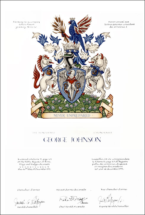 Letters patent granting heraldic emblems to George Johnson